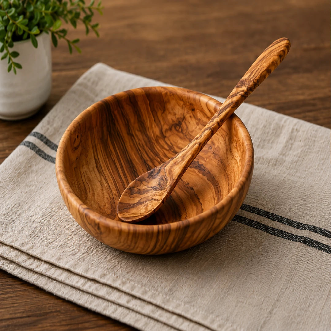 Handcrafted Wooden Bowl with Spoon for Kitchen & Dining