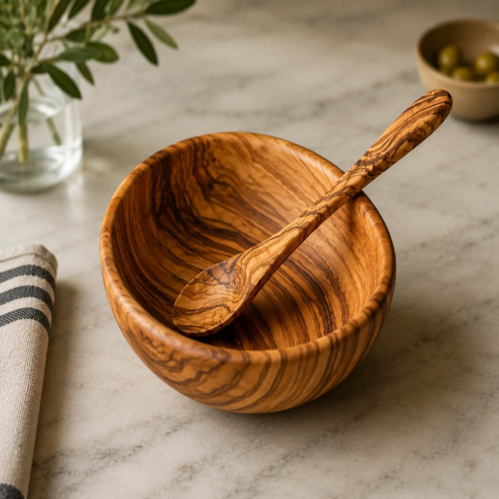 Handcrafted Wooden Bowl with Spoon for Kitchen & Dining