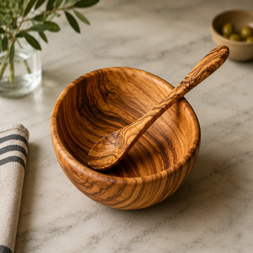 Handcrafted Wooden Bowl with Spoon for Kitchen & Dining
