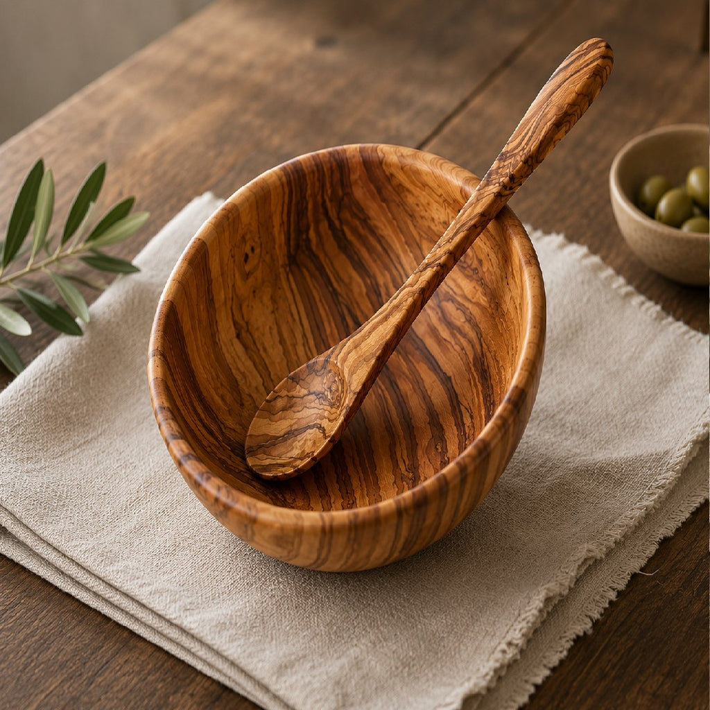 Handcrafted Wooden Bowl with Spoon for Kitchen & Dining