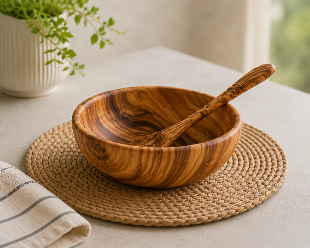 Handcrafted Wooden Bowl with Spoon for Kitchen & Dining