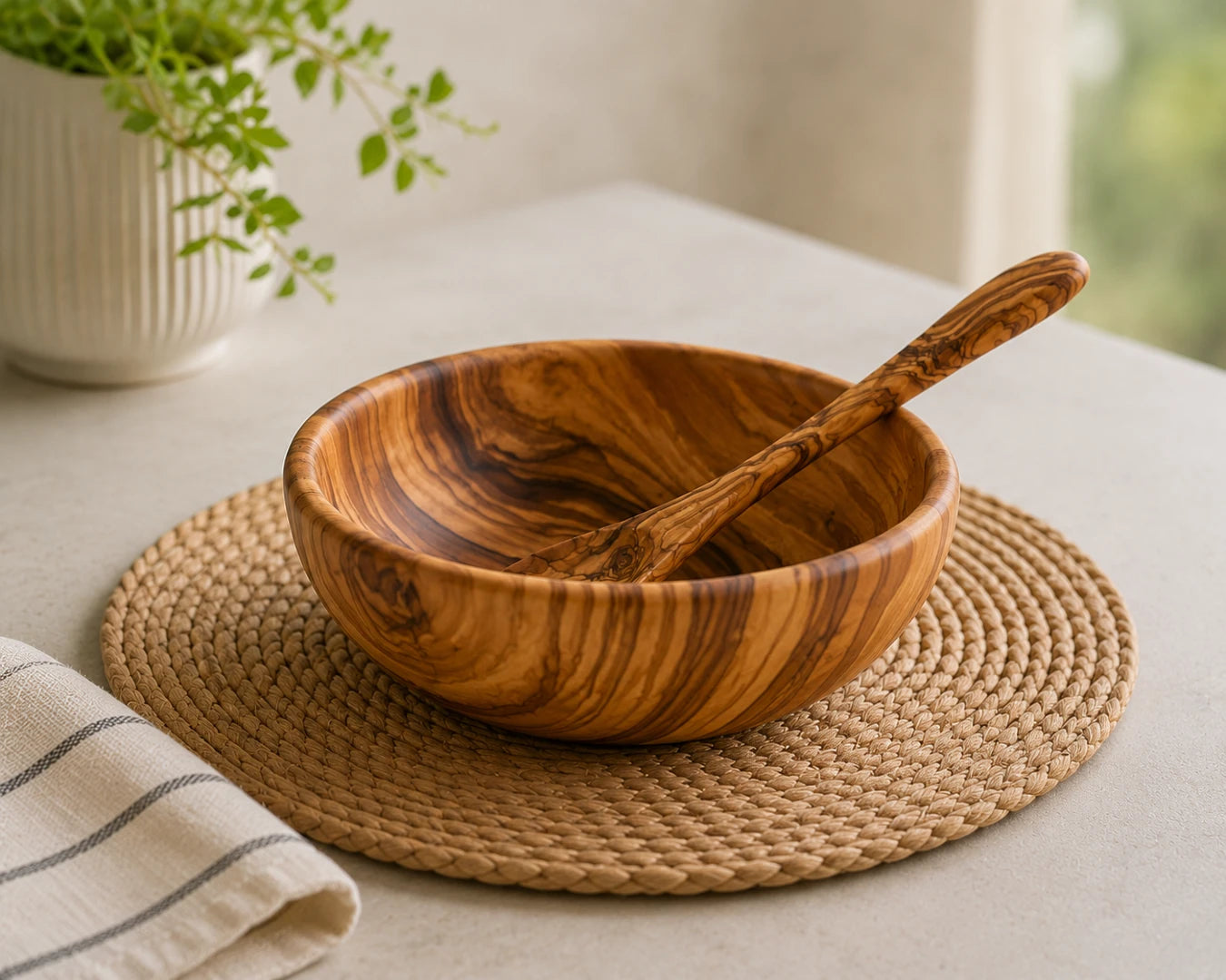 Handcrafted Wooden Bowl with Spoon for Kitchen & Dining
