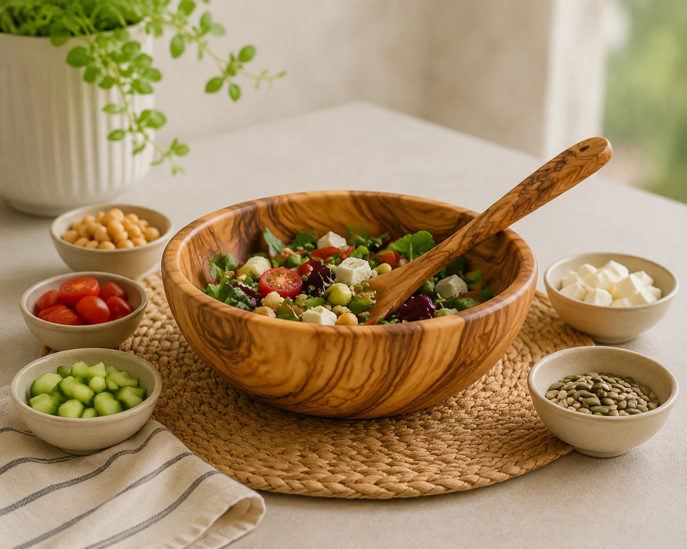 Handcrafted Wooden Bowl with Spoon for Kitchen & Dining