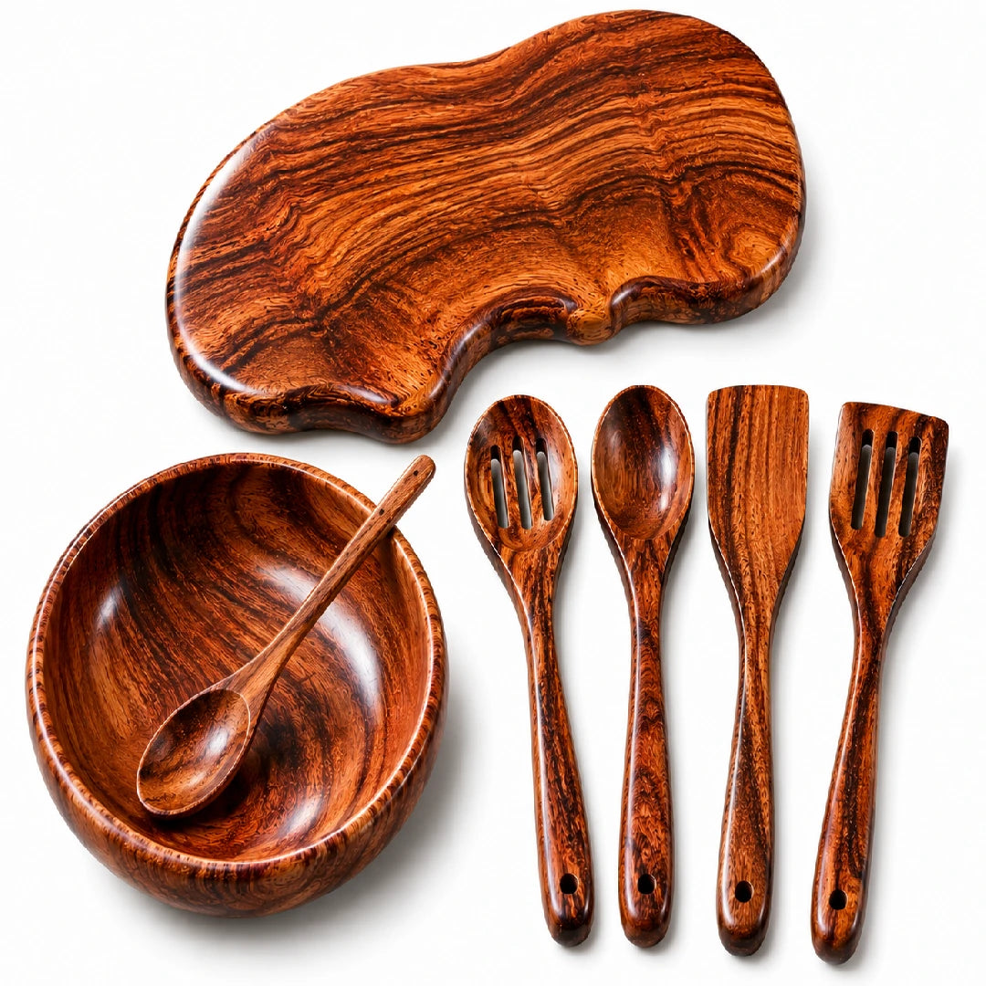 combo set wooden bowl cutting board and spatulas