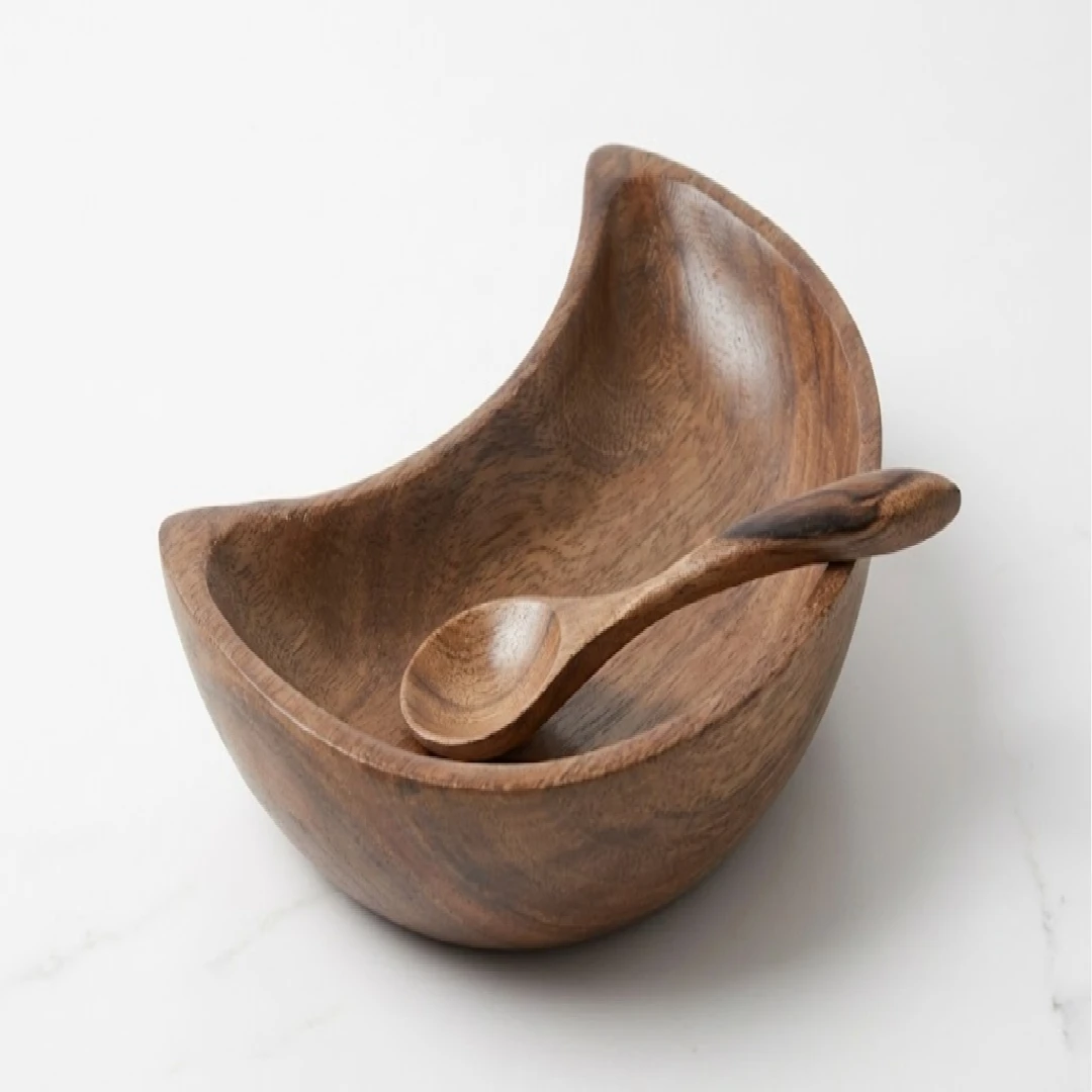 Wooden Crescent Moon Bowl – Handmade Acacia Wood Serving Bowl